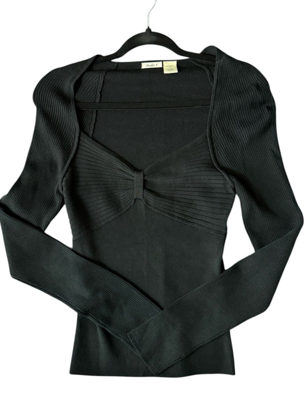 Studio Y Black Ribbed Knit Top Silk Blend Gathered Bust V Neck Minimalist M